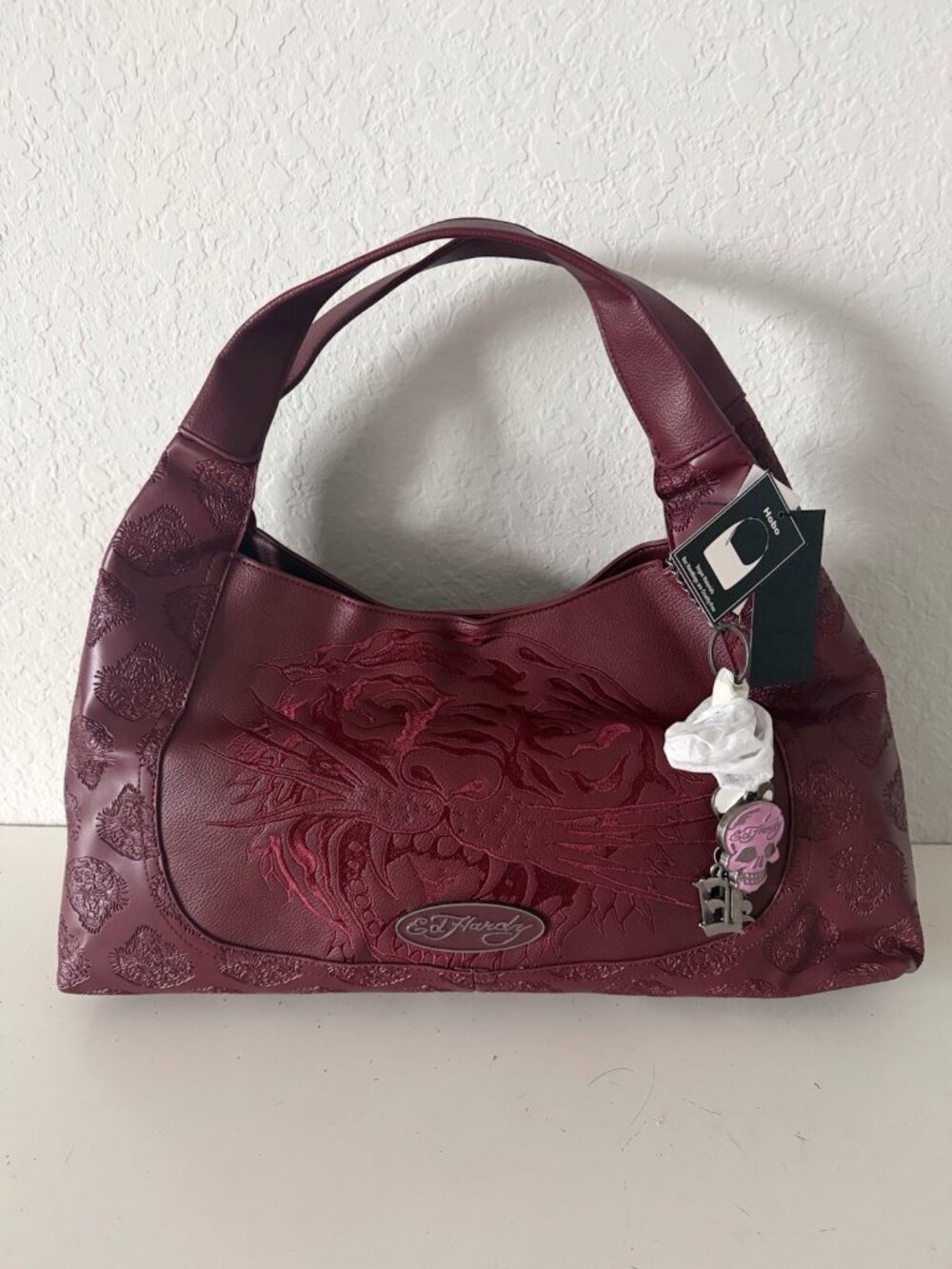 Ed Hardy Large Burgundy Engraved Embossed Tiger & Logo Hobo Bag Purse VIRAL NEW